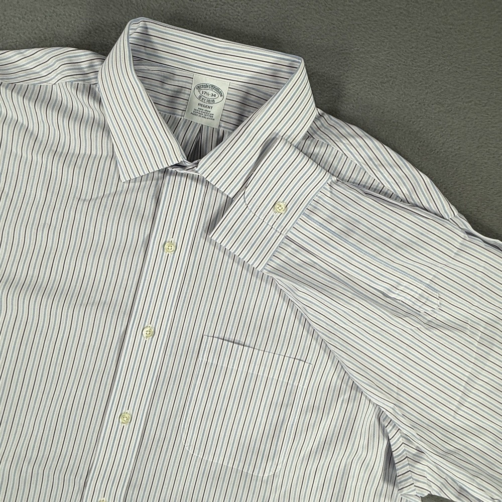 Brooks Brothers Regent Dress Shirt 17.5 34 White Blue Stripe Non-Iron Cotton